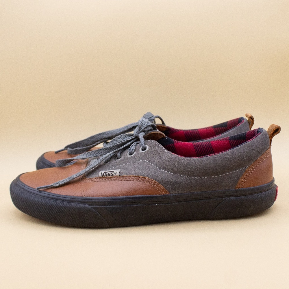Vans Two-Tone Brown and Gray Low-Top Sneakers with Red Plaid Lining